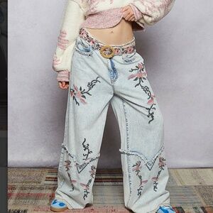 POL High Rise Embroidered Jeans - Light Blue